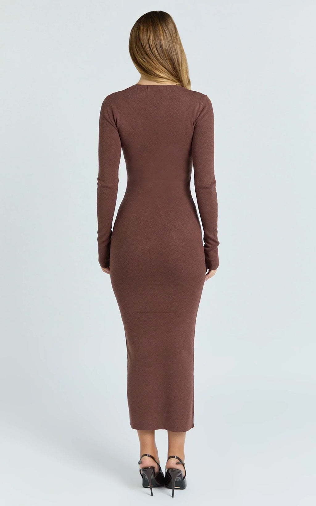 Odessa Midi Dress - U Neck Long Fitted Sleeve Sheer Waist Fitted Knit Dress in Chocolate