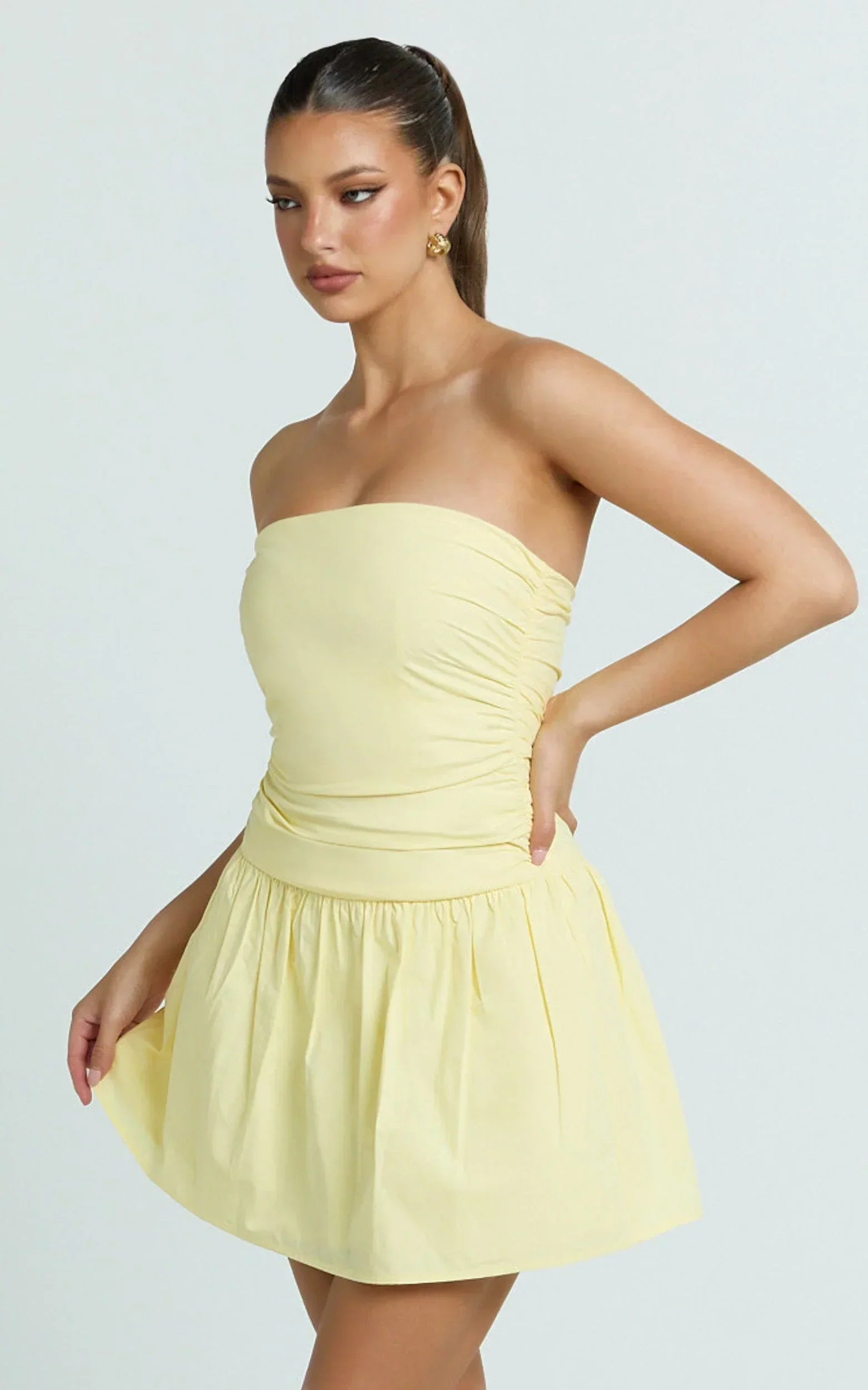Donatella Mini Dress - Strapless Drop Waist Dress in Lemon