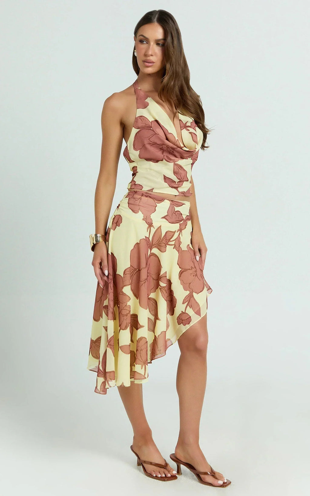 Malik Midi Skirt - Georgette Ruched Waist Asymmetric Skirt in Lemon Bouquet Di Fiori Print
