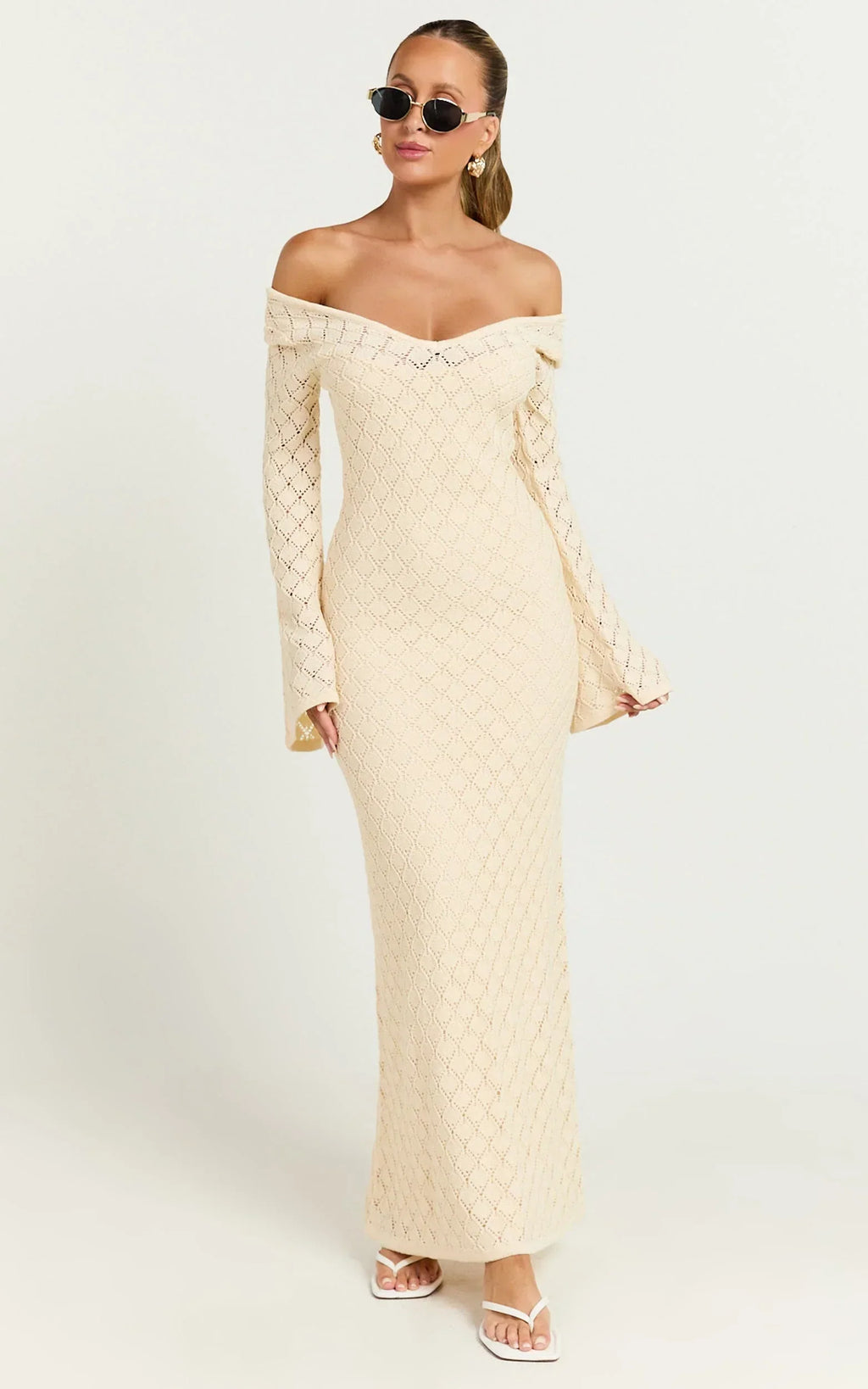 Halsey Maxi Dress - Crochet Scoop Neck Flare Sleeve Dress in Off White