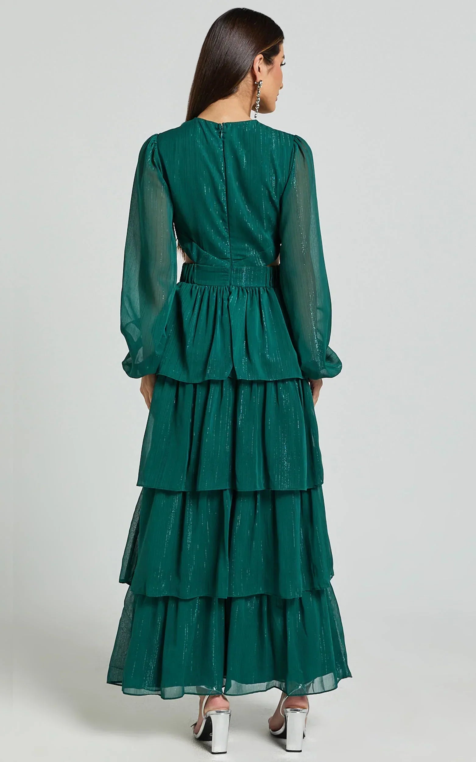 Jacinda Maxi Dress - Cut Out Long Sleeve Thigh Split Tiered Dress in Emerald