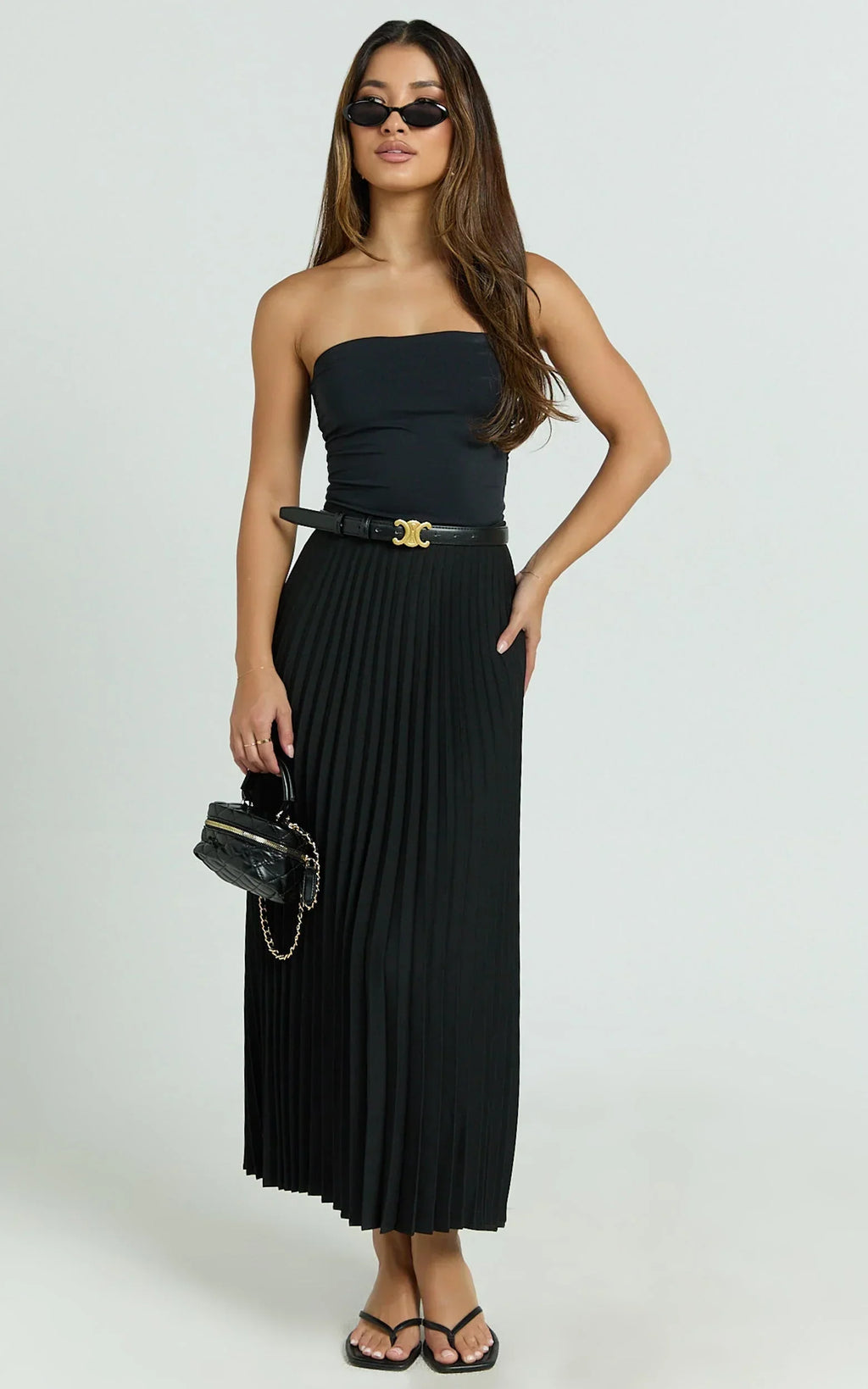 Harlee Midi Skirt - Pleated High Waist A Line Skirt in Black