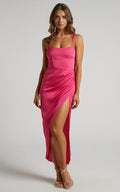 Cirilla Midi Dress - Thigh Split Corset Panelled Dress in Pink