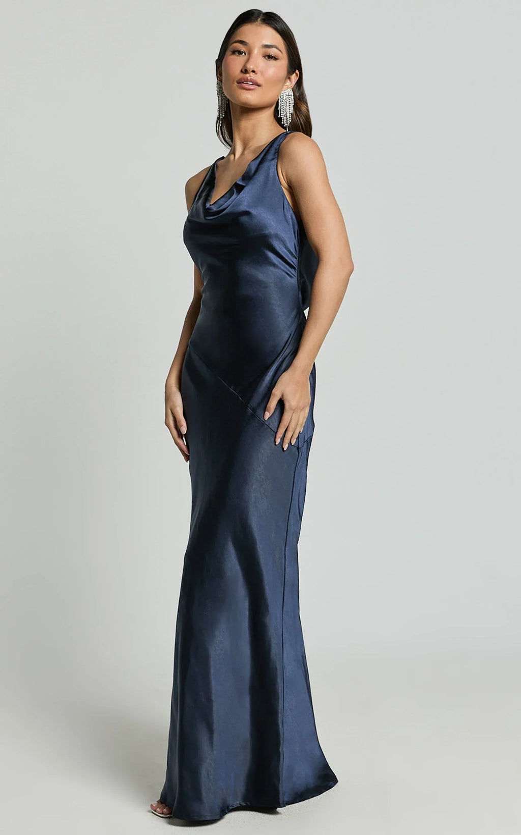 Adilah Maxi Dress - Cowl Neck Satin Dress in Navy