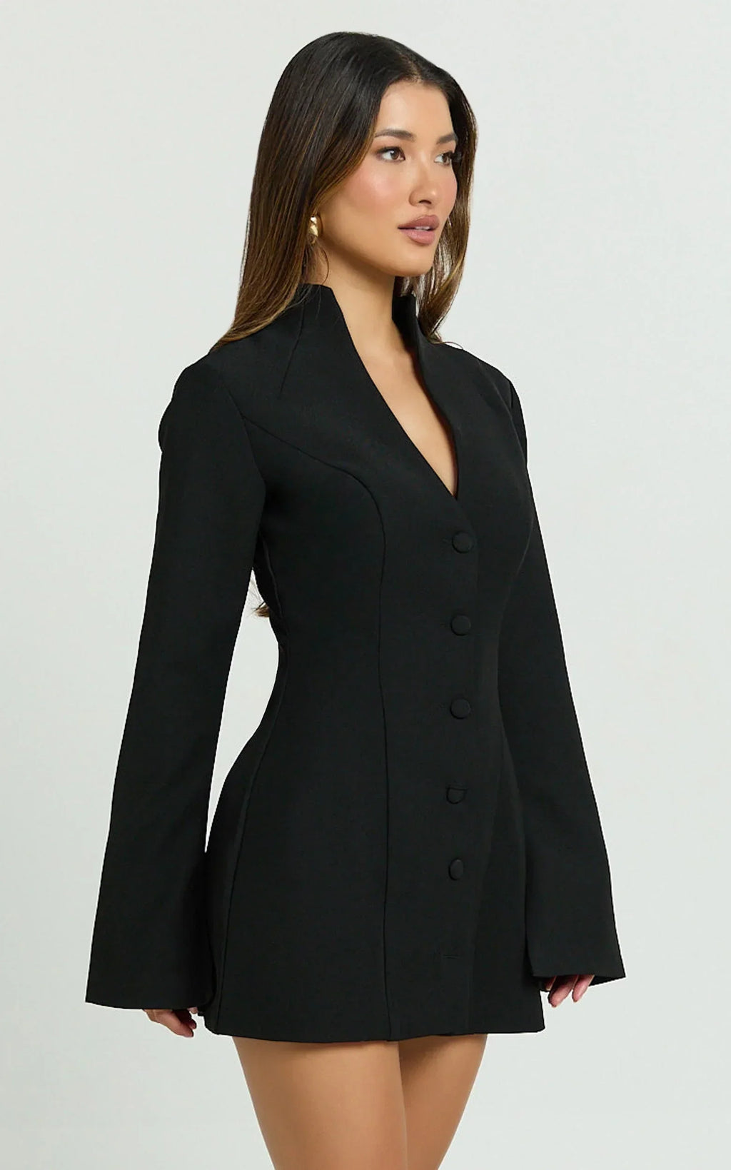 Layton Mini Dress - V Neck Long Sleeve Button Front Tulip Skirt Dress in Black