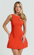 Freddie Mini Dress - Boat Neck Fit and Flare Dress in Orange