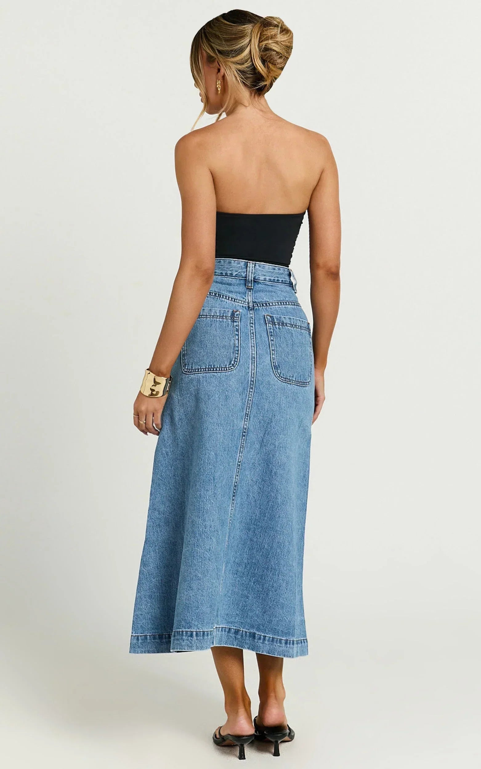 Alisa Midi Skirt - Button Through A Line Denim in Mid Blue Wash