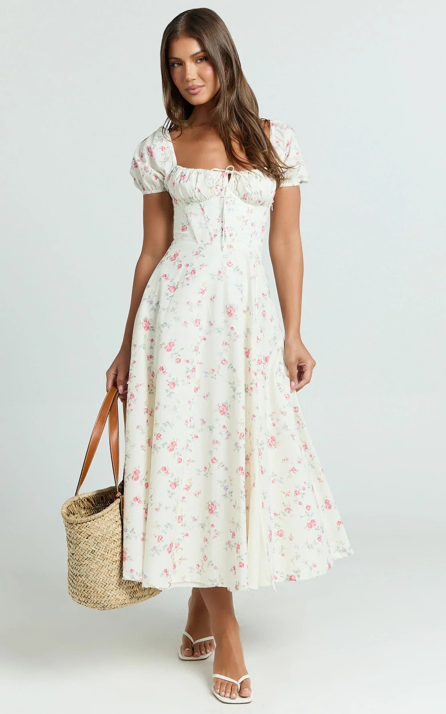Imani Midi Dress - Puff Sleeve Square Neck Circle Skirt Dress in Cream