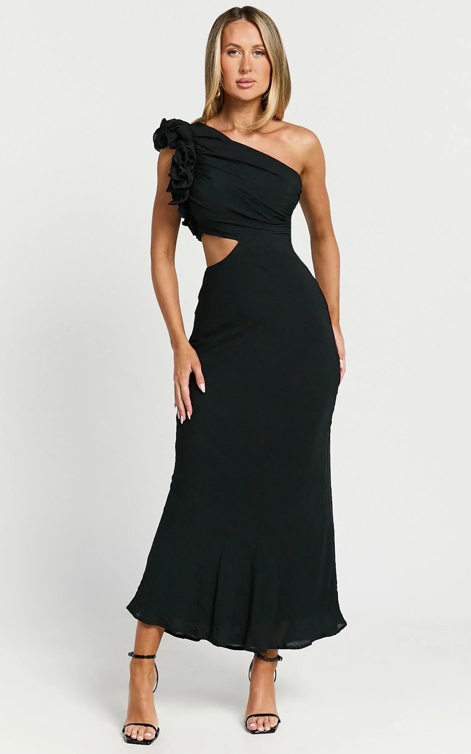 Anessa Midi Dress - One Shoulder Ruffle Detail Side Cut Out Dress in Black