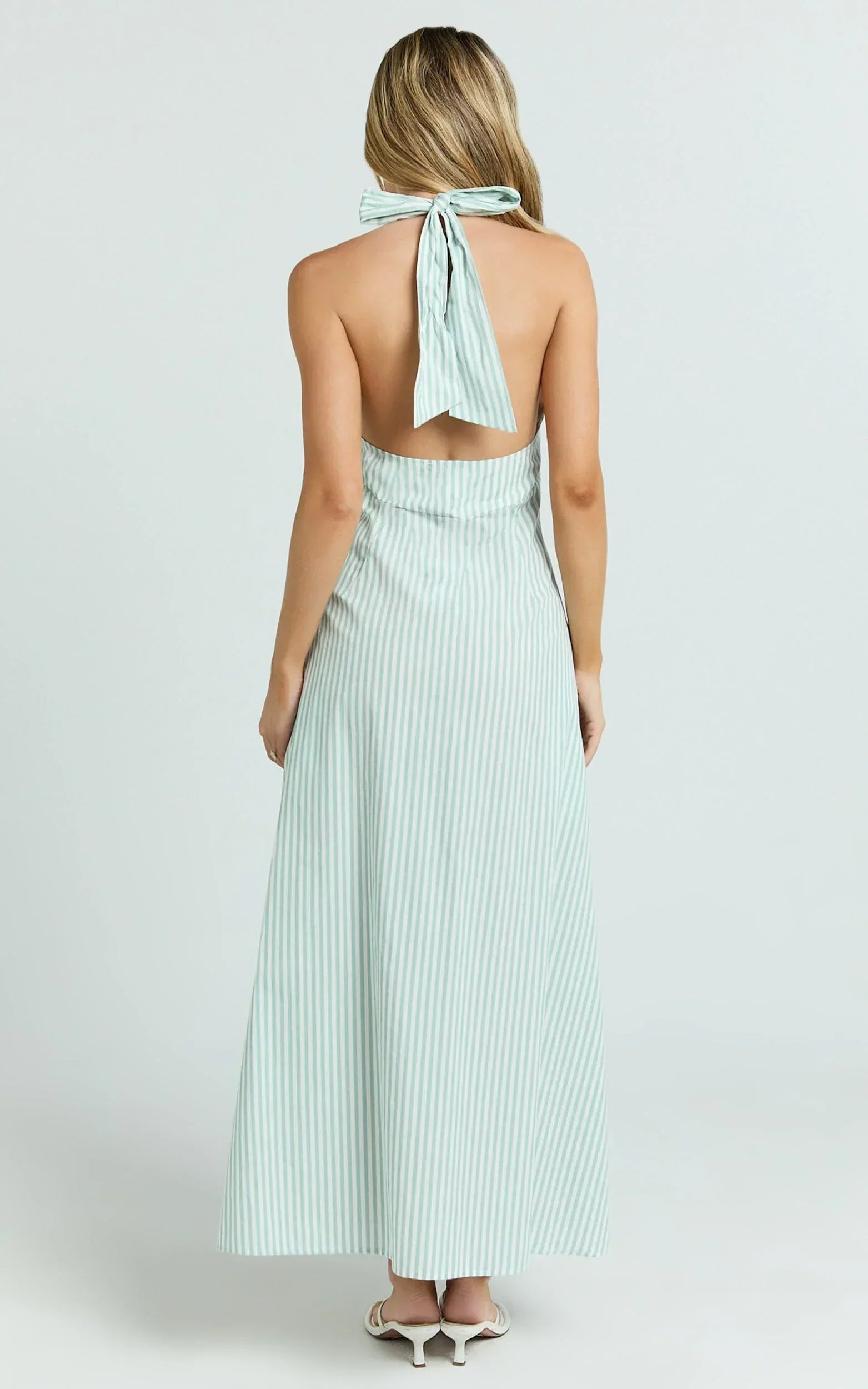 Jeienn Midi Dress - Line Placket Front Skirt Dress in Mint Stripe