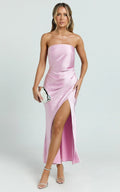 Glenda Midi Dress - Satin Strapless Side Split Dress in Pink