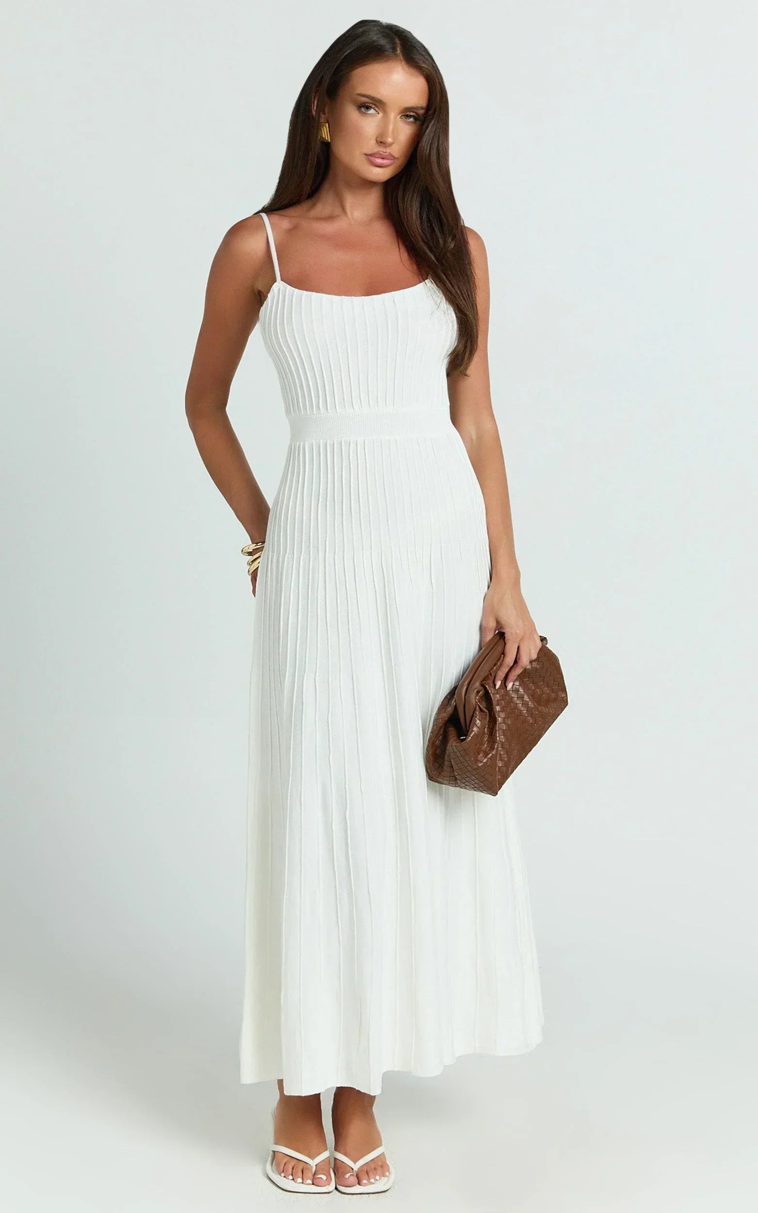 Donissa Midi Dress - Panelled Knit Dress in White