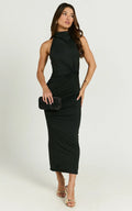 Olenna Midi Dress - Halter Neck Twist Detail Tie Back Dress in Black