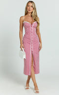 Anessa Midi Dress - Button Front Bustier Fitted Dress in Red Gingham