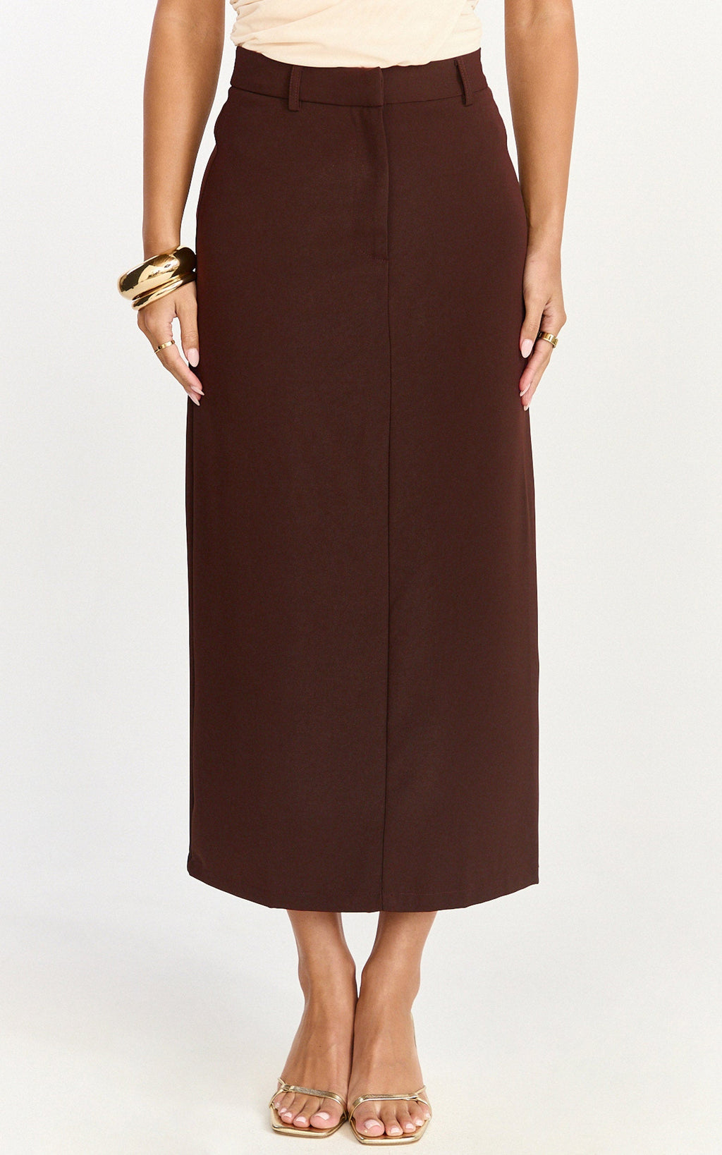 Alanna Midi Skirt - High Waisted Back Split Pencil Skirt in Chocolate