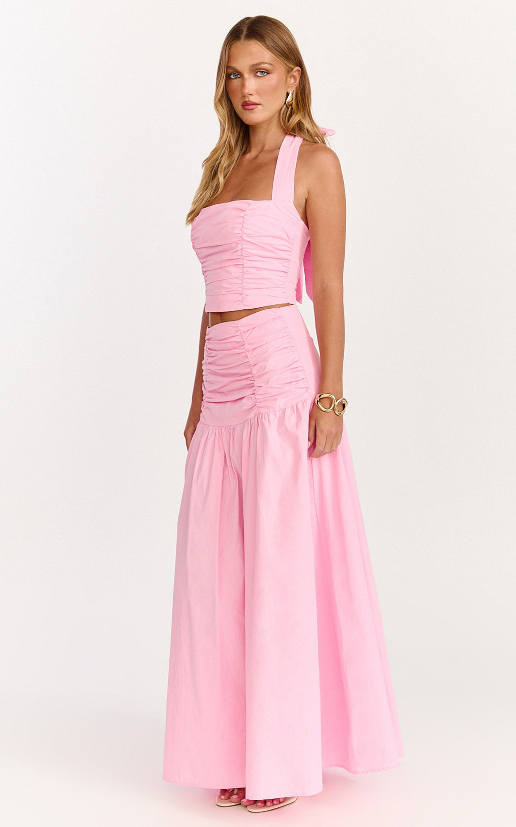 Anya Two Piece Top and Skirt Set - Gathered Halted Neck Top And High Waist  Maxi Skirt in Pink
