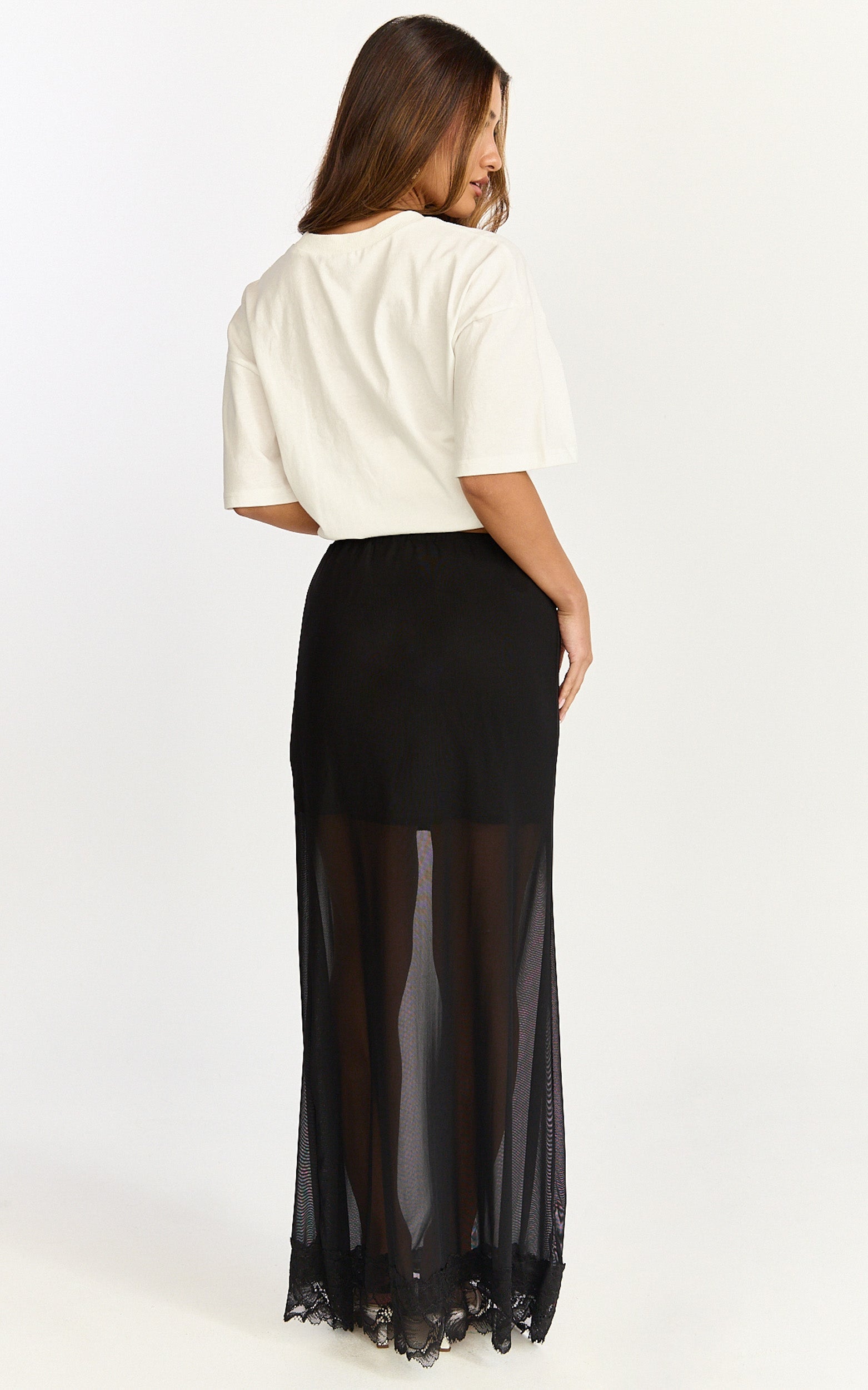 Arabella Maxi Skirt - Sheer with Lace Trim Skirt in Black