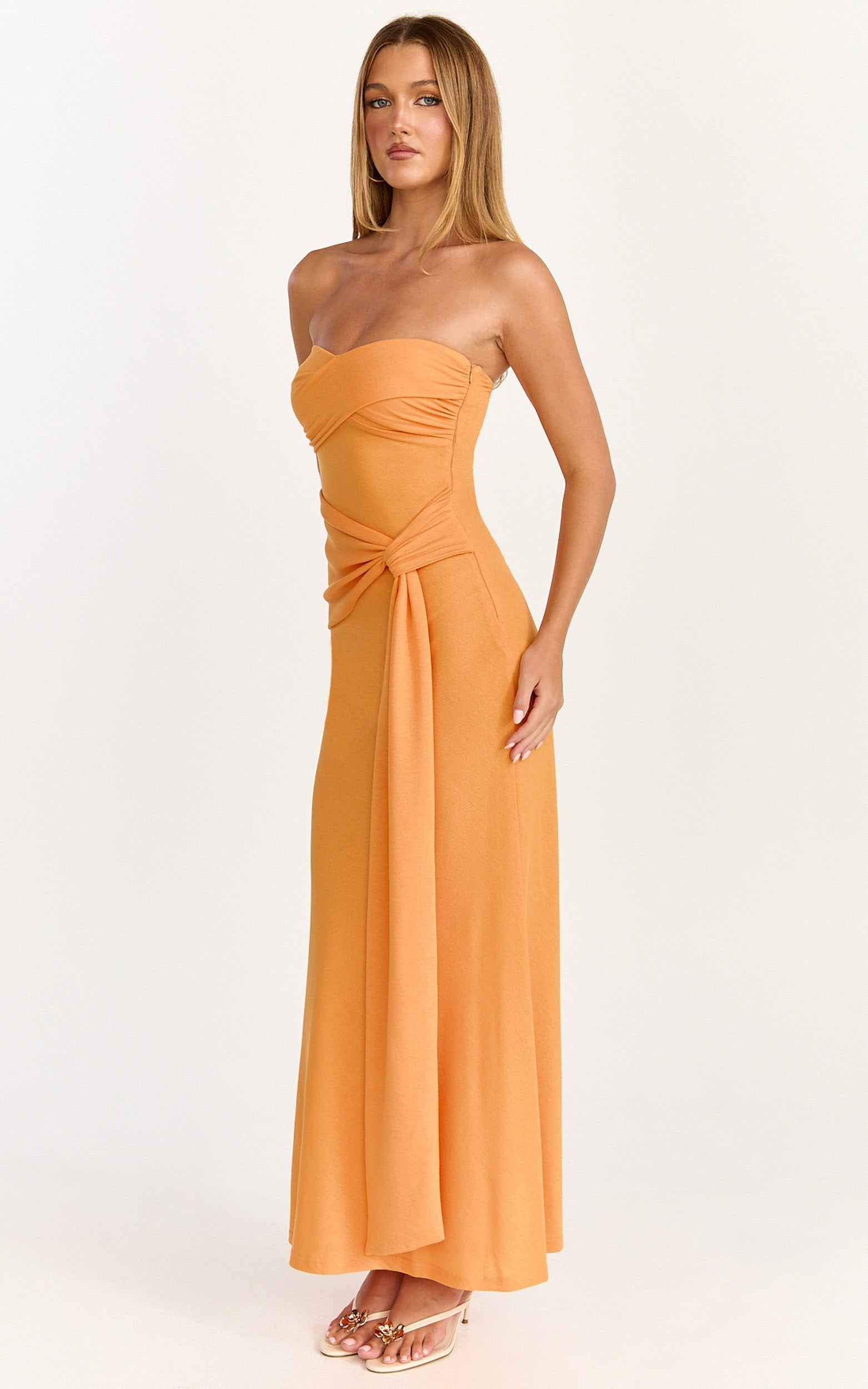 Aria Midi Dress - Strapless Tie Waist Dress in Orange