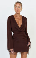 Azura Mini Dress - Long Sleeve Beaded Trim Plunge Neck Dress in Chocolate