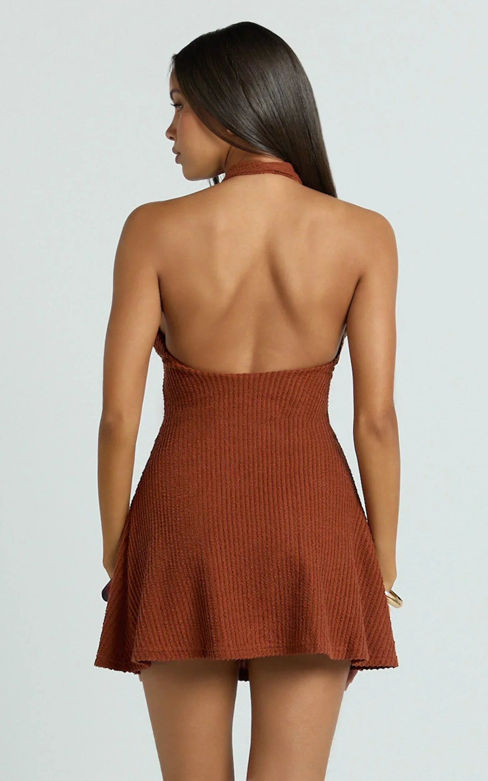 Roza Mini Dress - Halter Neck Brooch Detail A Line Dress in Brown