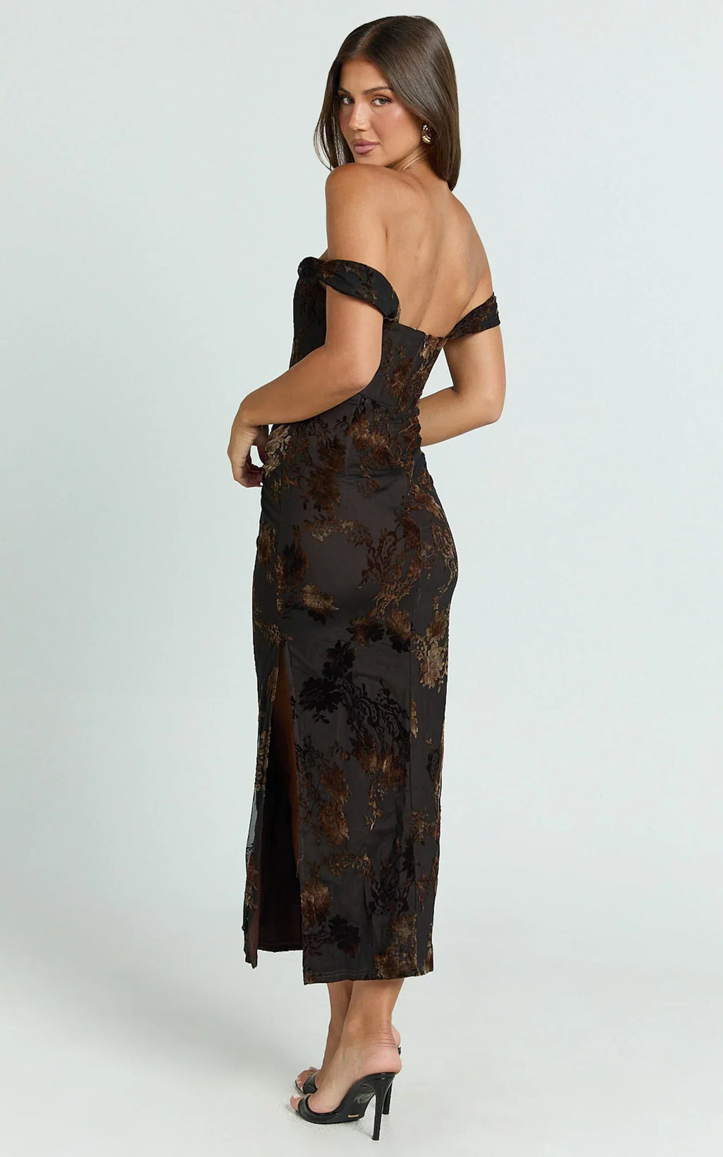 Karlene Midi Dress - Ruched Corset Burnout Dress in Black and Brown