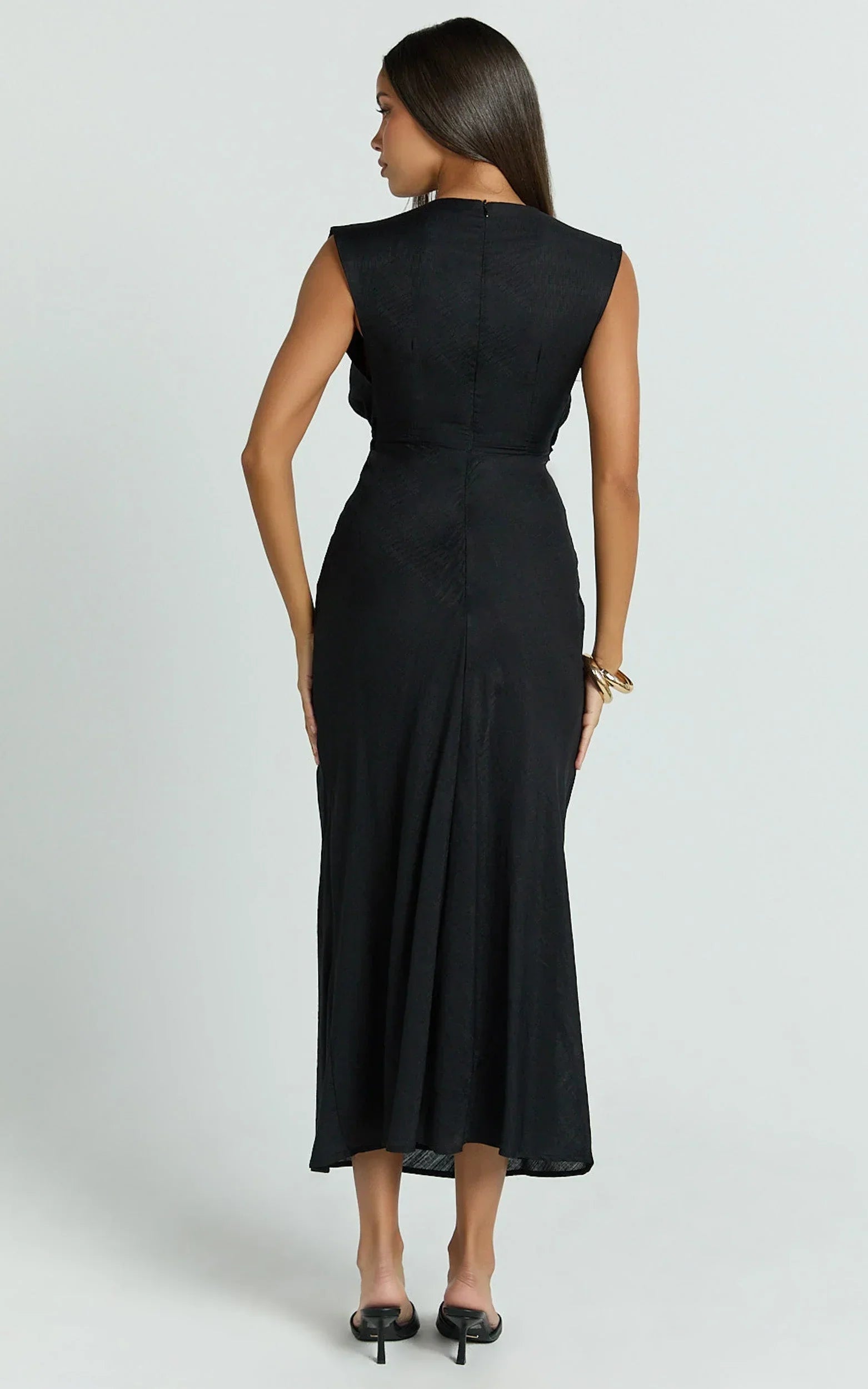 Beatrice Midi Dress - Plunge Neck Tie Cut Out Front Dress in Black