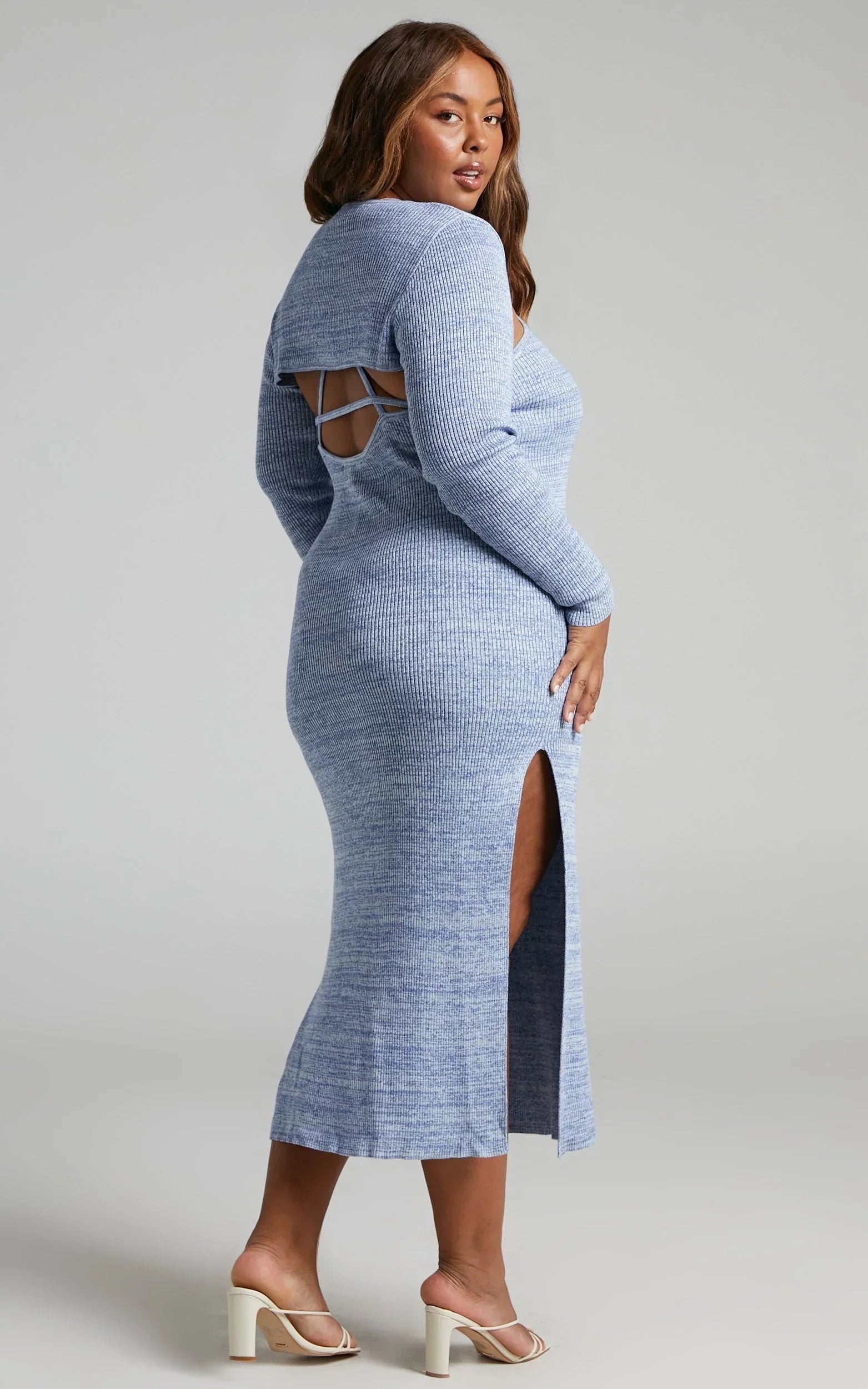 Merithel Top - Ribbed Knit Long Sleeve Shrug Top in Space Dye Blue