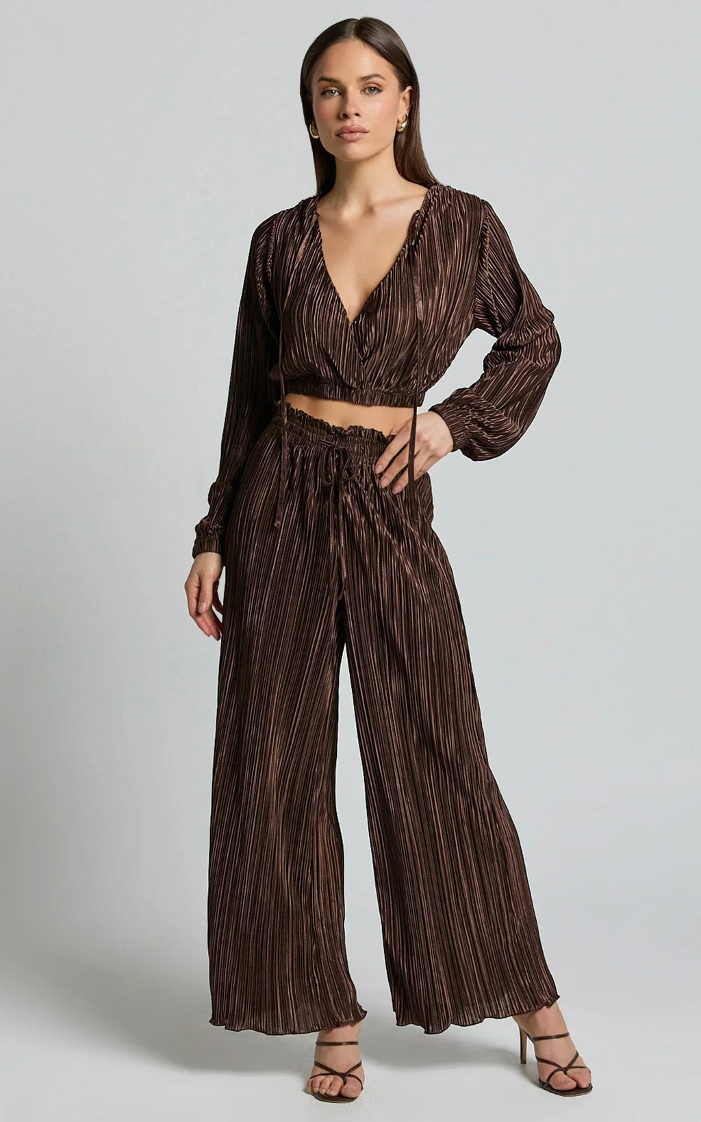 Kallie Top - Tie Back Plisse Long Sleeve Crop Top in Chocolate