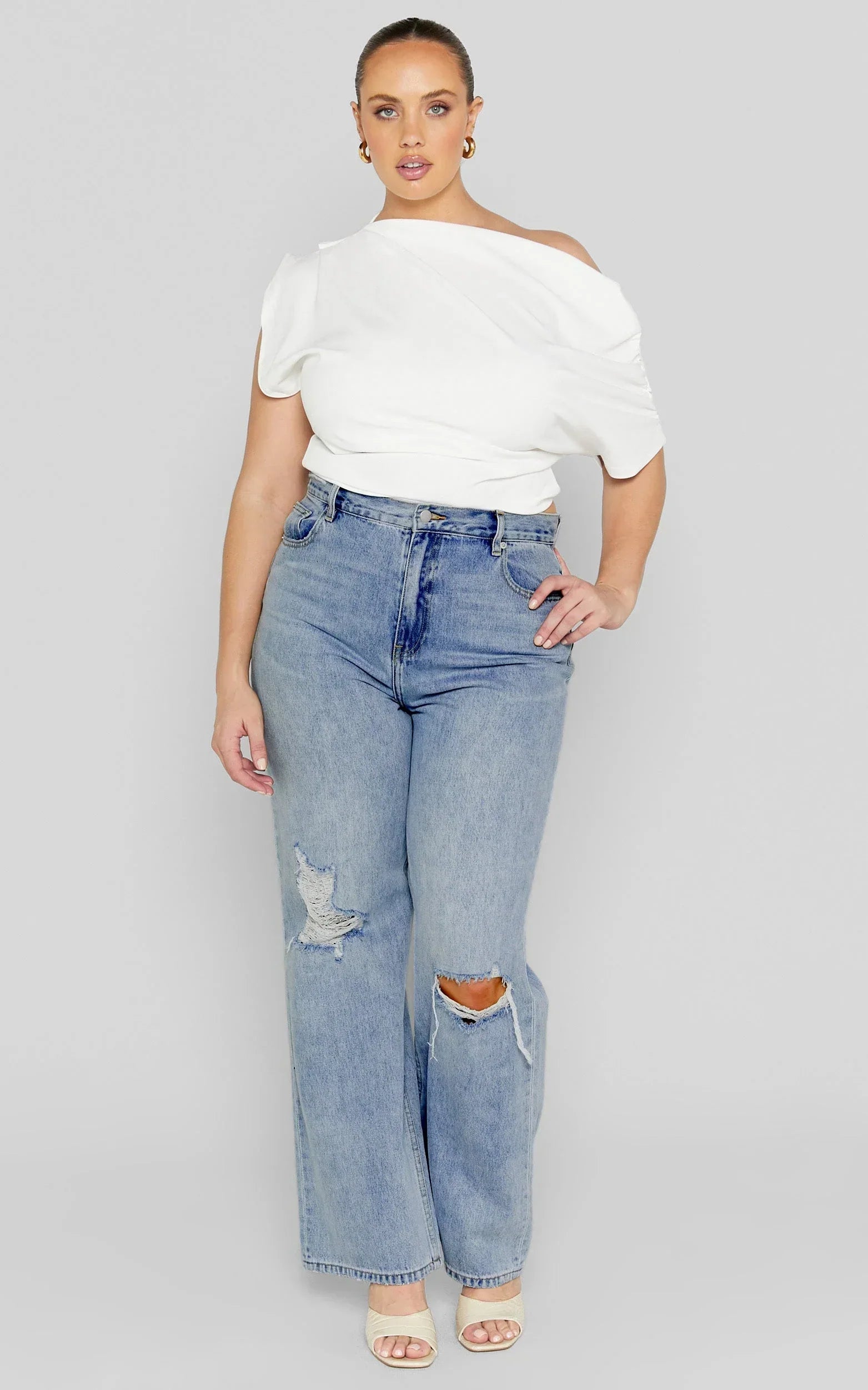 Miho Jeans - High Waisted Recycled Cotton Distressed Straight Leg Denim Jeans in Mid Blue Wash