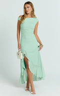 Judee Midi Dress - One Shoulder High Side Split Dress in Sage