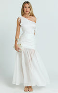 Mackenzie Maxi Dress - Tipped Shoulder Drop Waist Full Gathered Skirt Dress in White