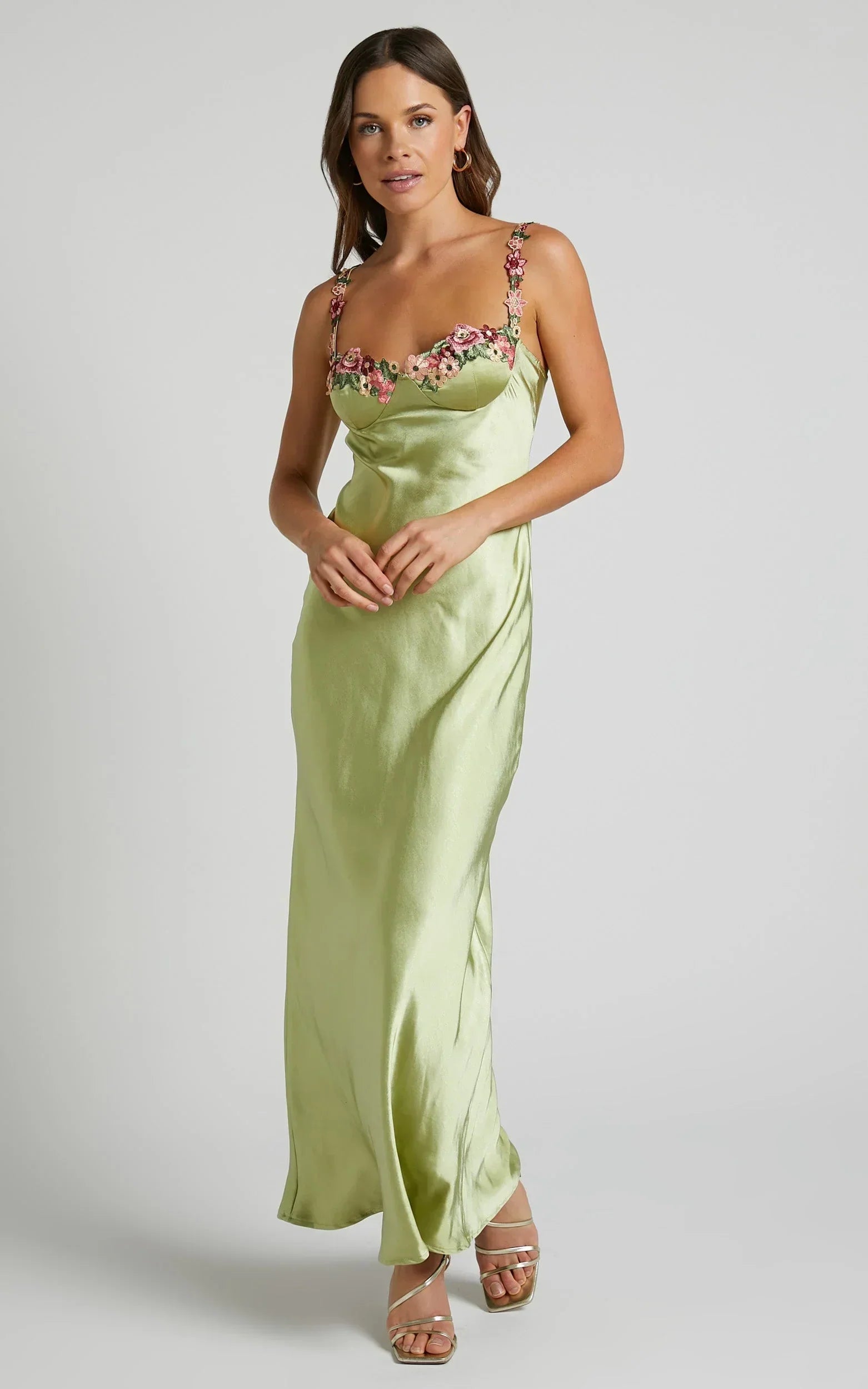 Harmony Midi Dress - Floral Detail Cup Bust Satin Dress in Citrus