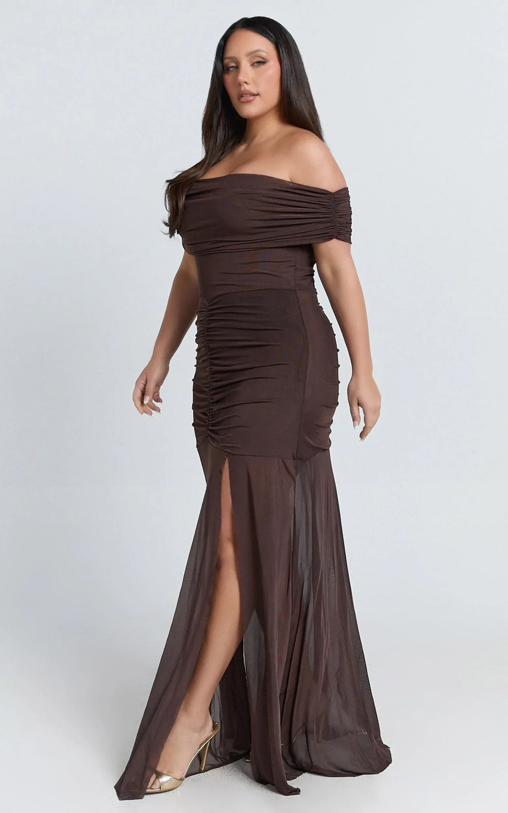 Alanna Maxi Dress - Off Shoulder Ruched Mesh Dress in Chocolate