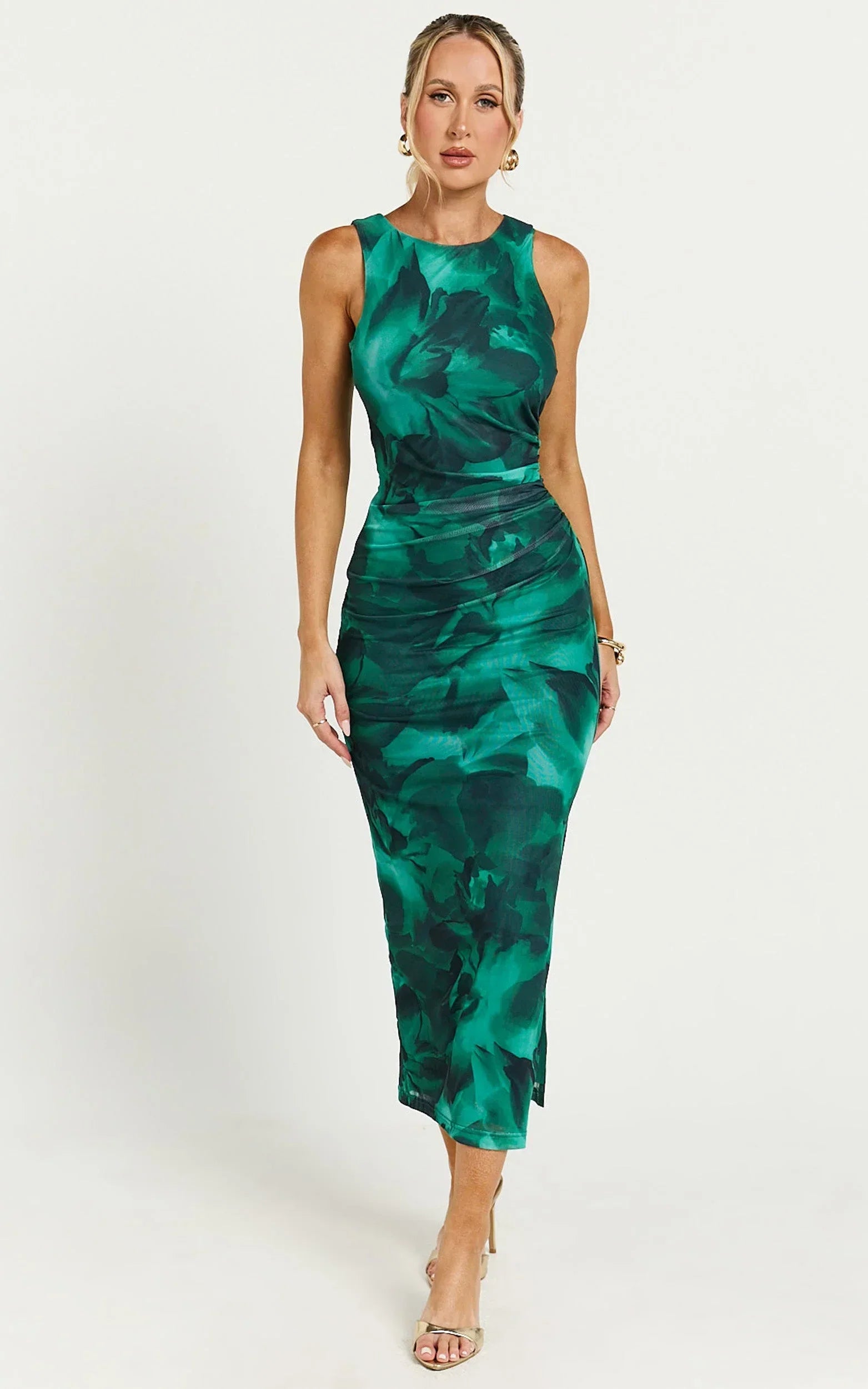 Loralie Midi Dress - Mesh High Neck Bodycon Dress in Green Floral Print