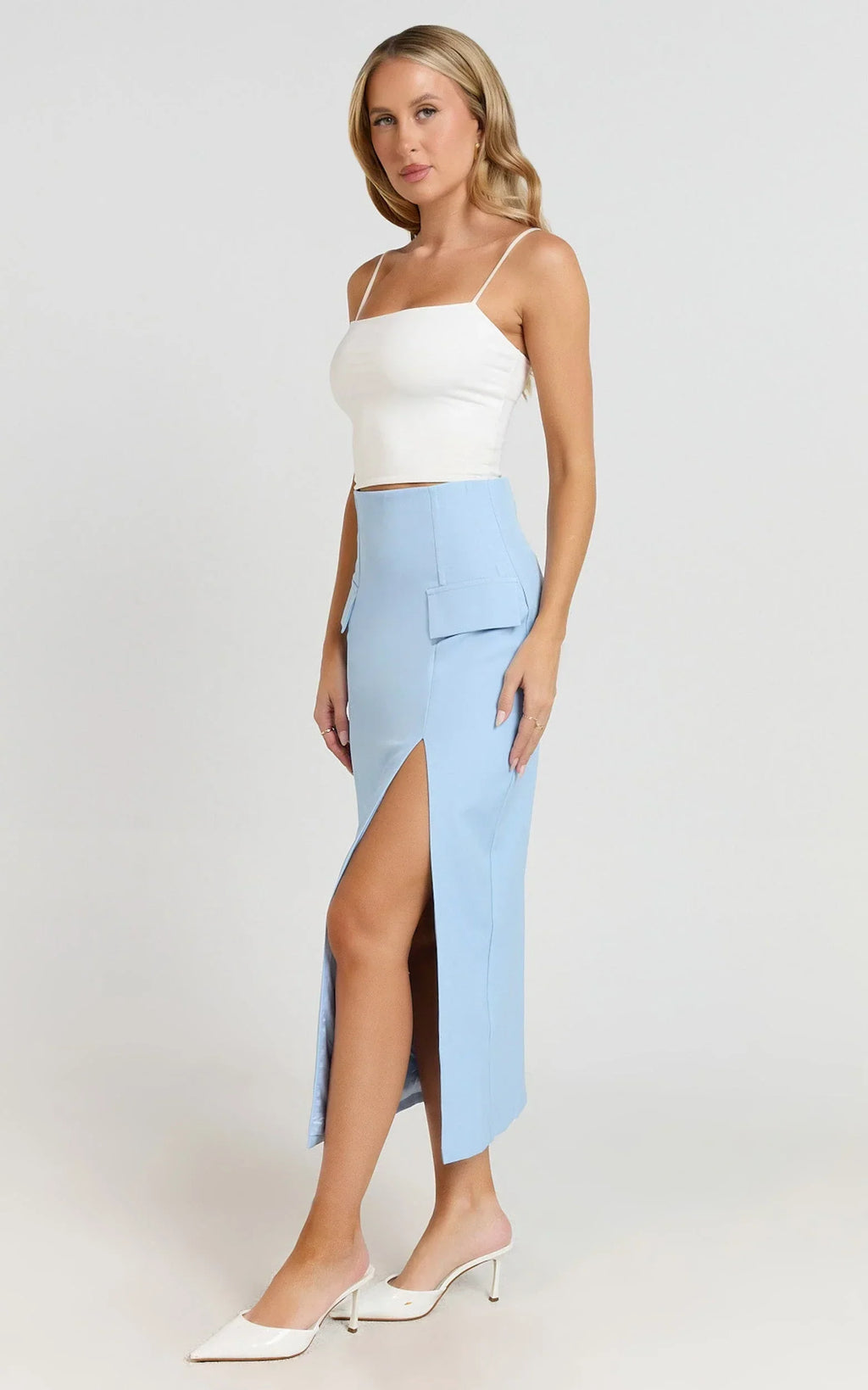 Davie Midi Skirt - High Waist Split Front Skirt in Ice Blue