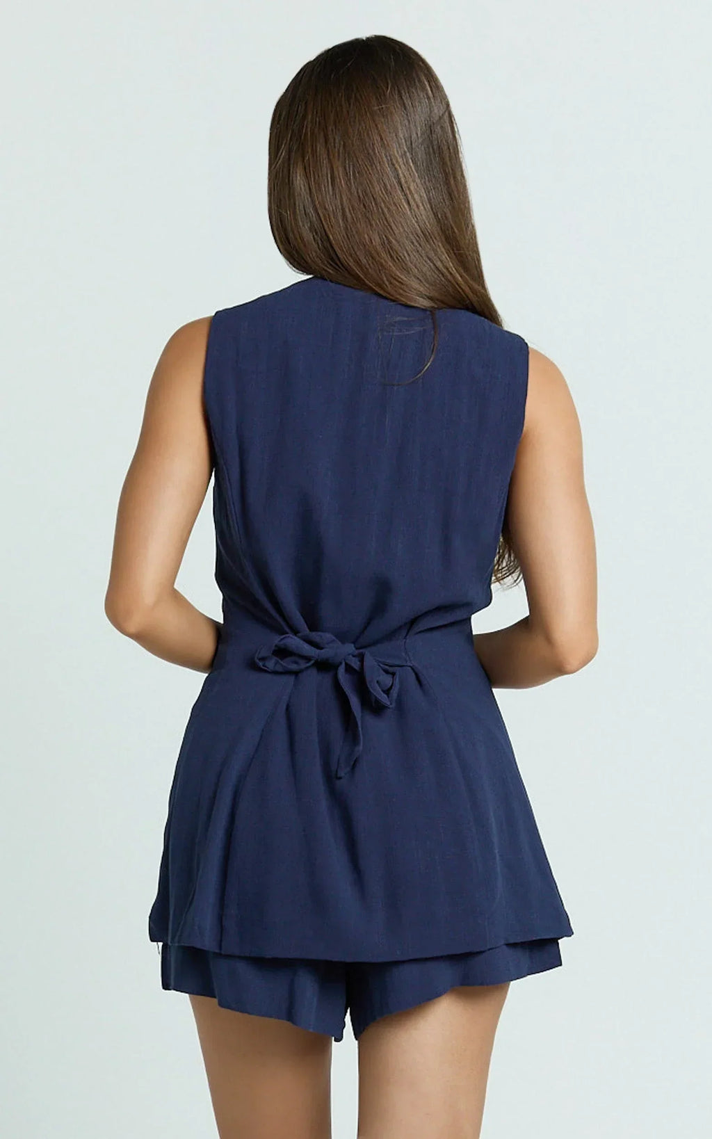 Olivia Top - Longline Linen V Neck Back Tie Vest Top in Navy
