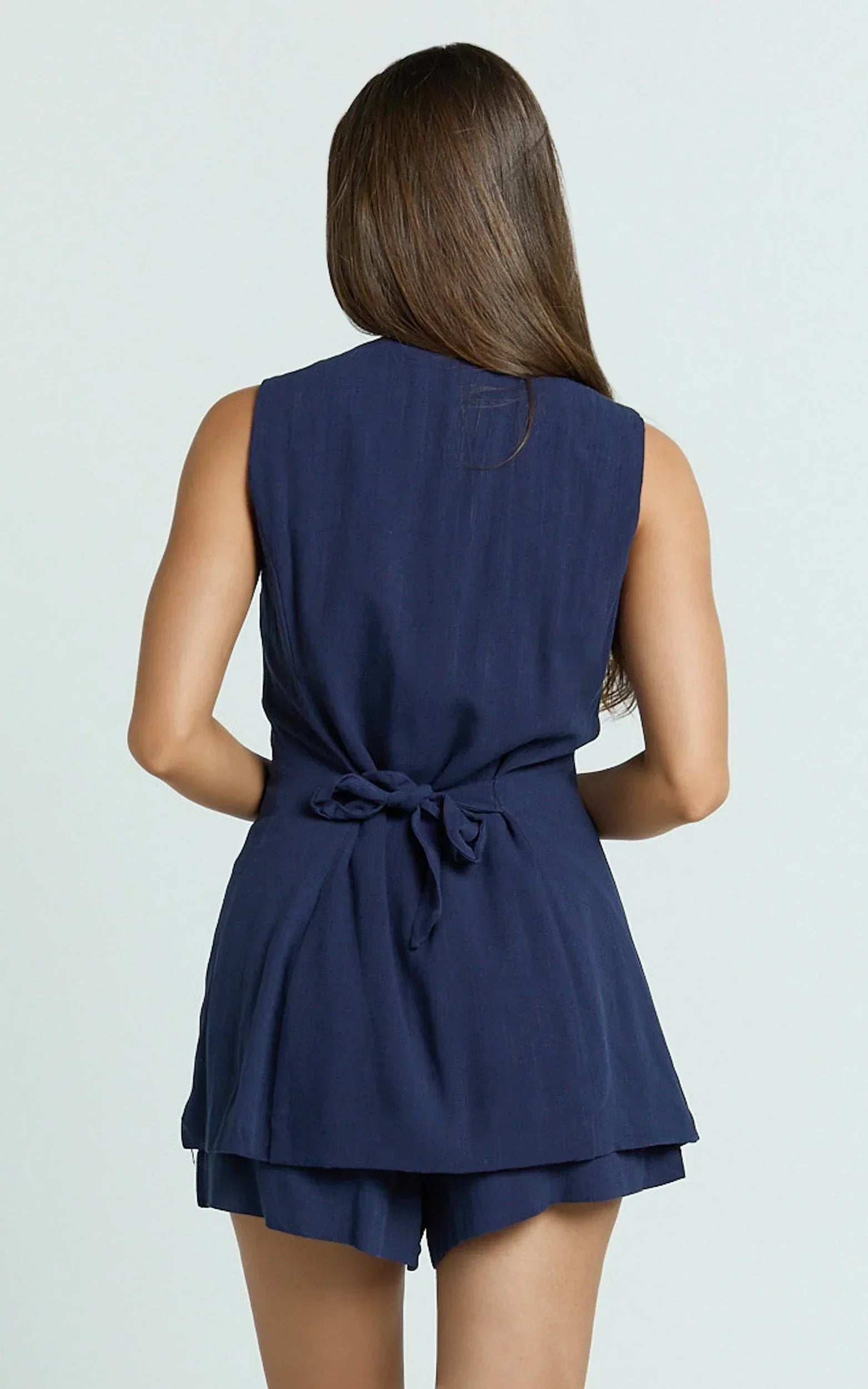 Olivia Top - Longline Linen V Neck Back Tie Vest Top in Navy