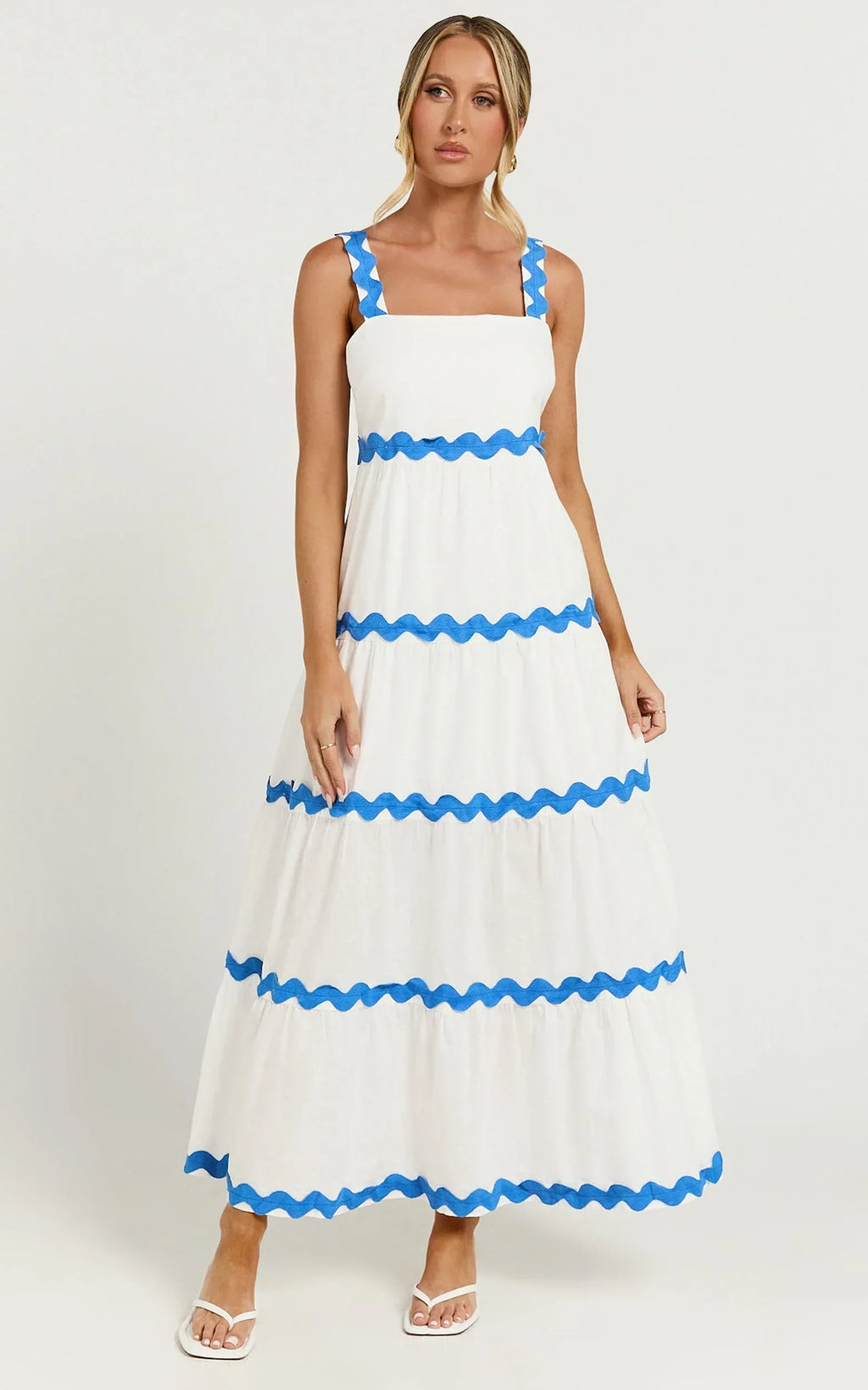 Brenda Midi Dress - Sleeveless Straight Neck Wave Detail A Line Dress in White