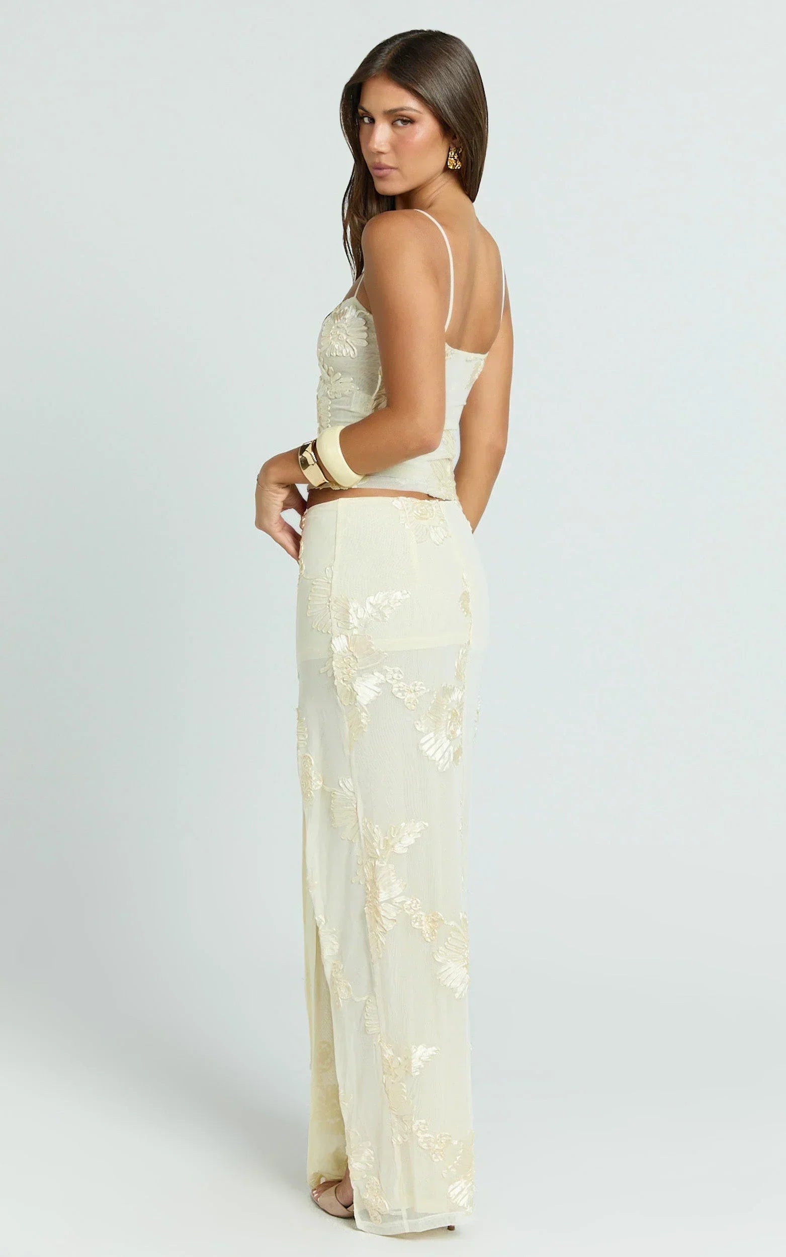 Jelena Maxi Skirt - Embroidered Floral Mid Waist Bodycon Skirt in Lemon