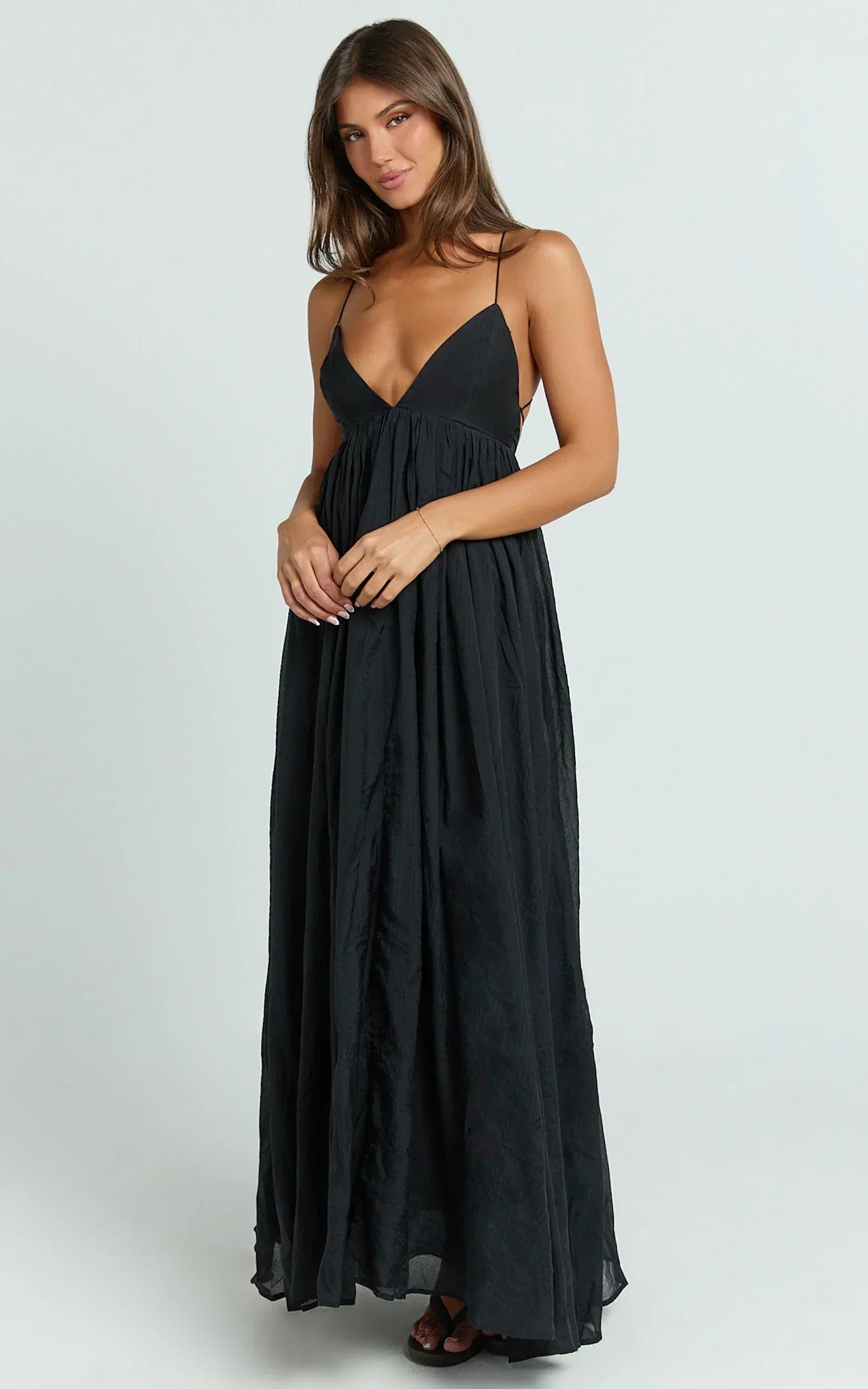 Kourtney Maxi Dress - Plunge V Neck Fit And Flare Dress in Black