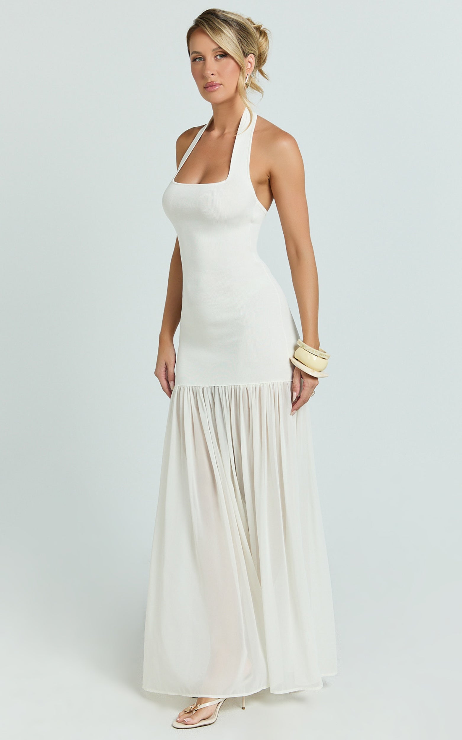 Barbara Maxi Dress - Halter Scoop Neck Contrast Georgette Dress in Ivory