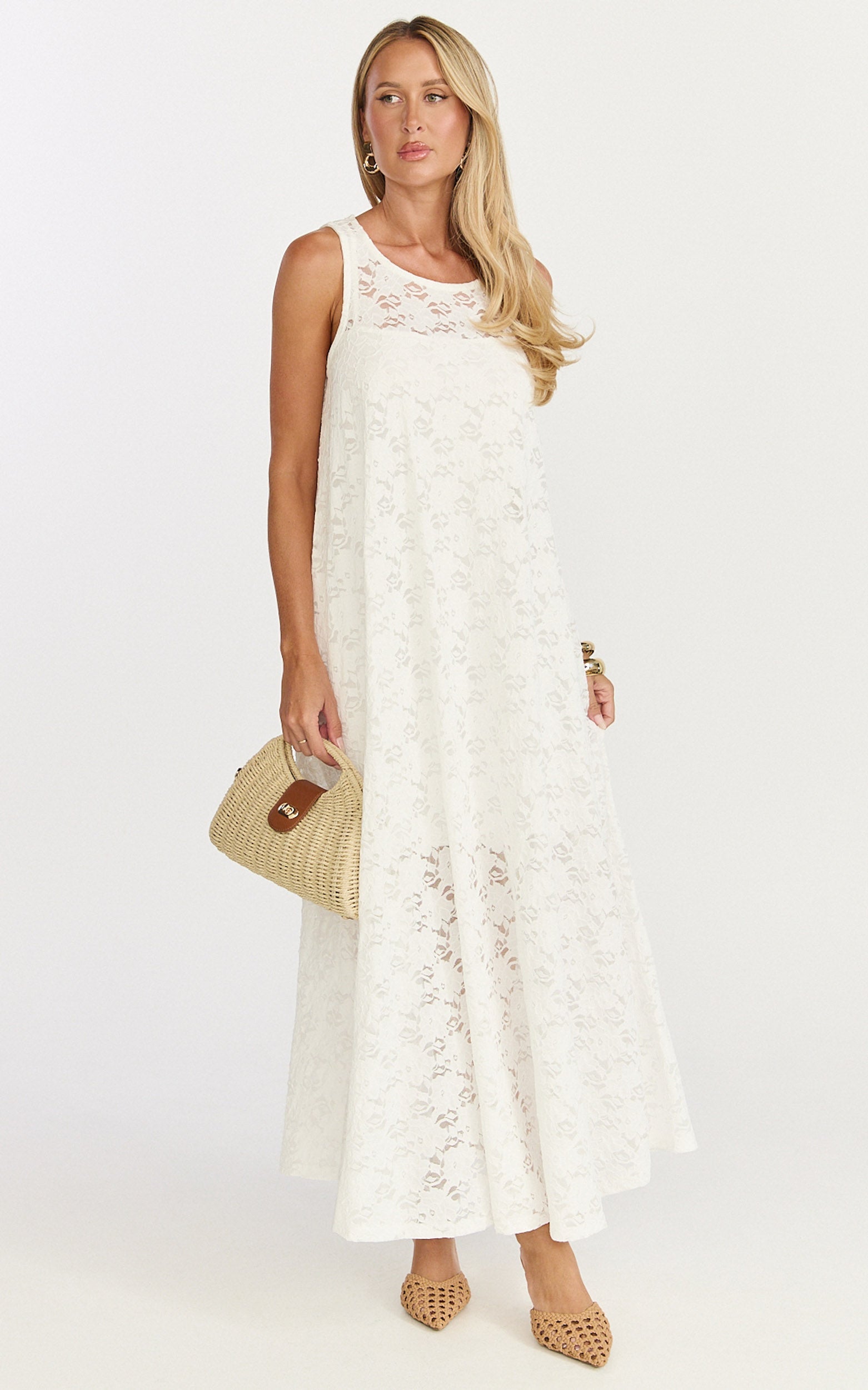 Bella Midi Dress - Lace Shift Dress in Off White
