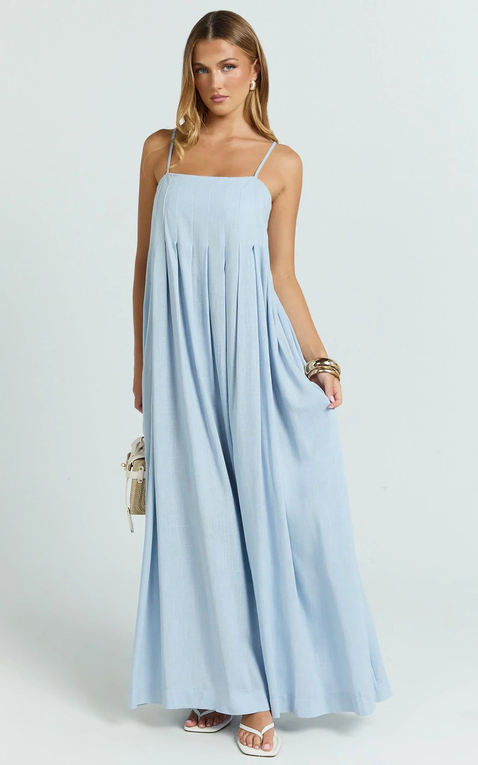 Cloe Midi Dress - Pleated Detail Dress in Blue