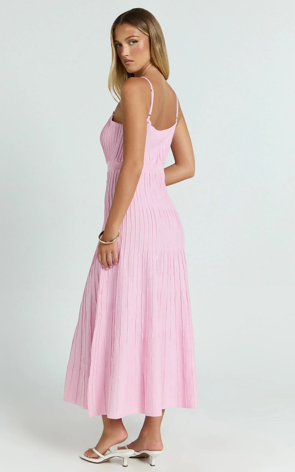Donissa Midi Dress - Panelled Knit Dress in Pale Pink