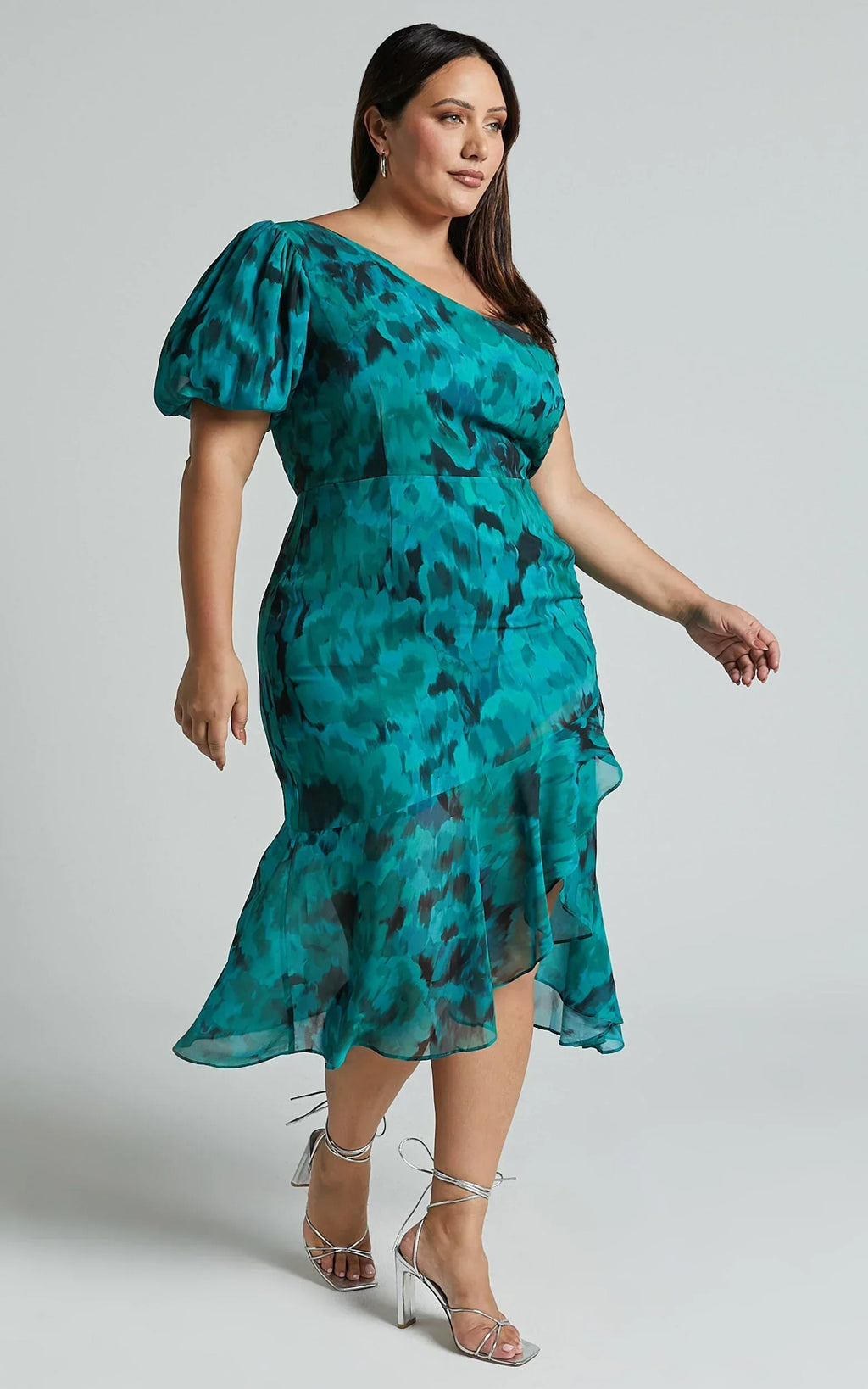 Clabelle Midi Dress - One Shoulder Ruffle Tulip Hem Dress in Emerald Blur Floral
