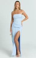 Berri Maxi Dress - Strapless Jacquard High Split Dress in Blue