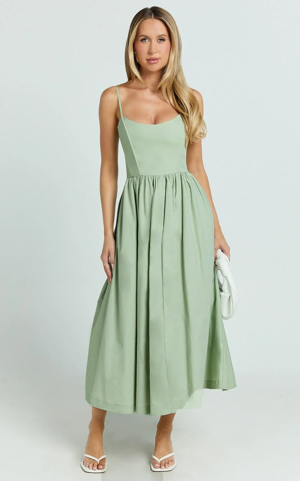 Braelyn Midi Dress - Scoop Neck Flare Dress in Sage