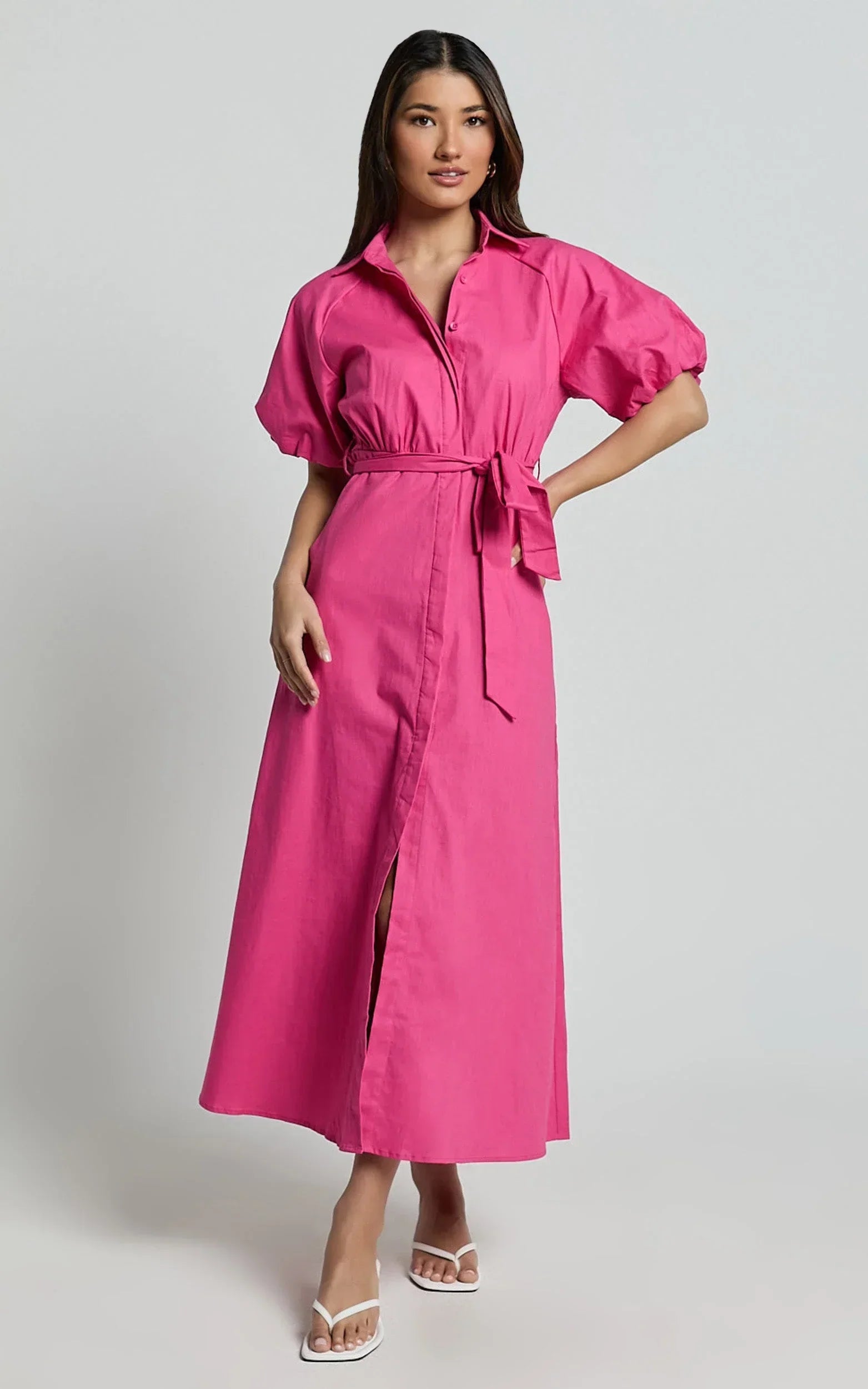 Jesse Midi Dress - Puff Sleeve Collared Shirt Dress in Hot Pink