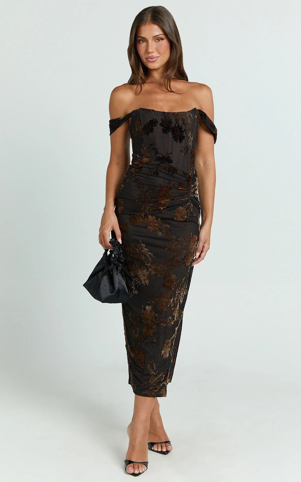 Karlene Midi Dress - Ruched Corset Burnout Dress in Black and Brown