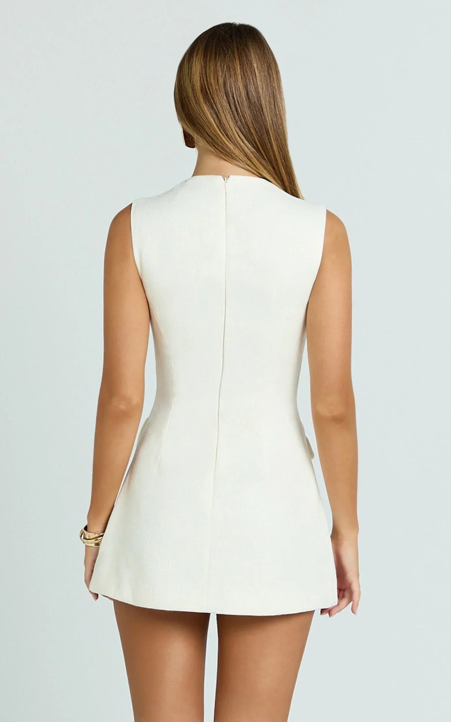 Halsey Mini Dress - Sleeveless Deep U Neck Faux Wrap Tulip Dress in Cream